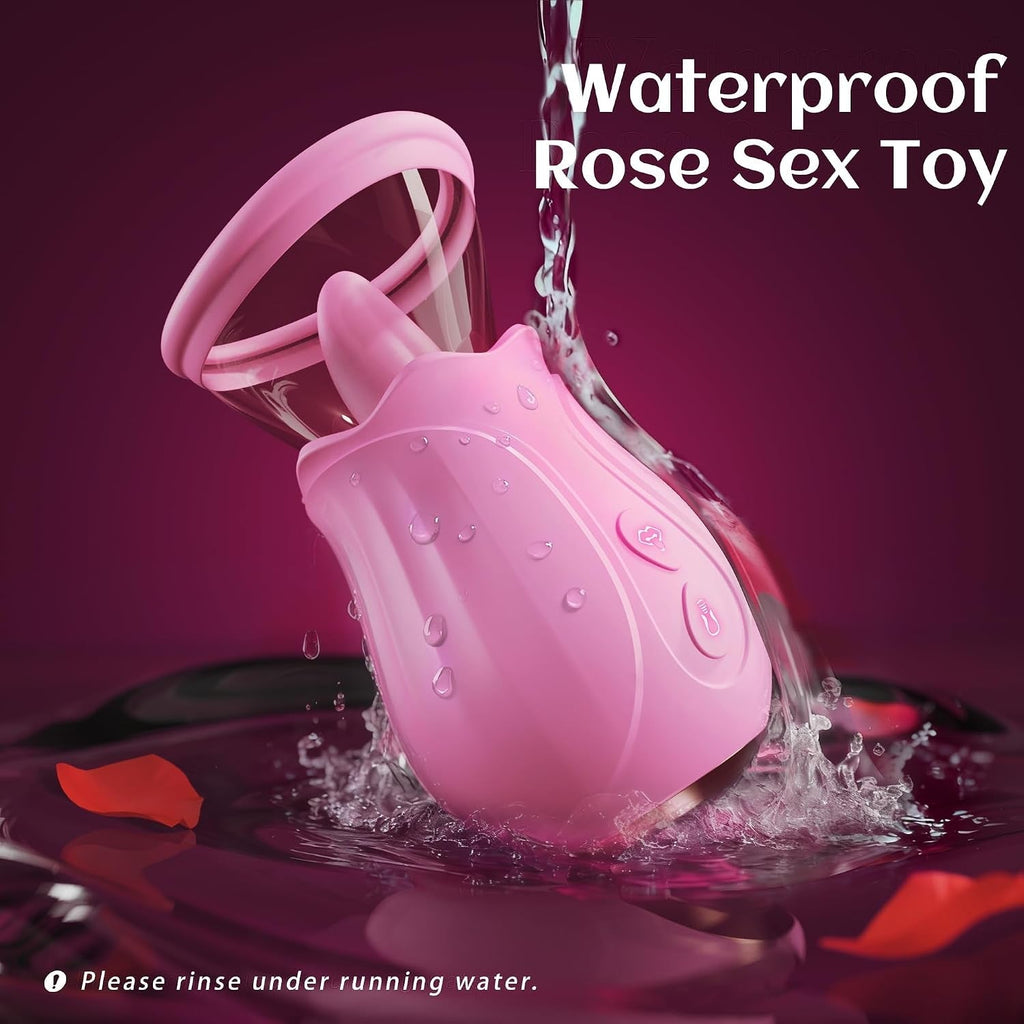 Pink waterproof rose-shaped pleasure stimulator with water droplets and open outer cup