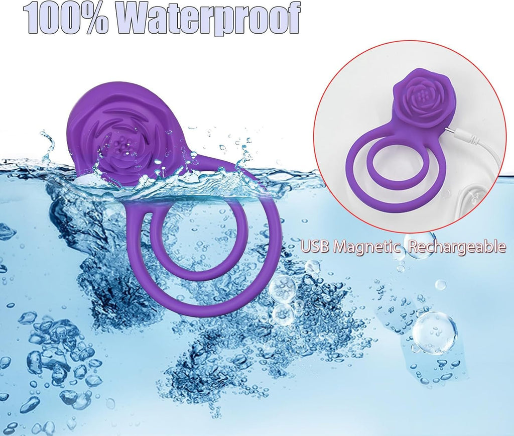 Purple rose ring vibrator with two loops, shown in water splash and close-up