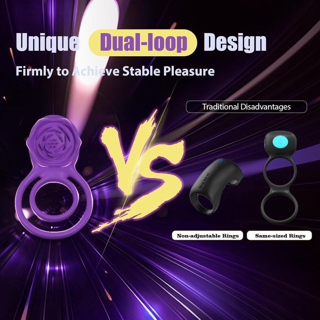 Purple dual-loop rose vibrator ring with two circular finger openings