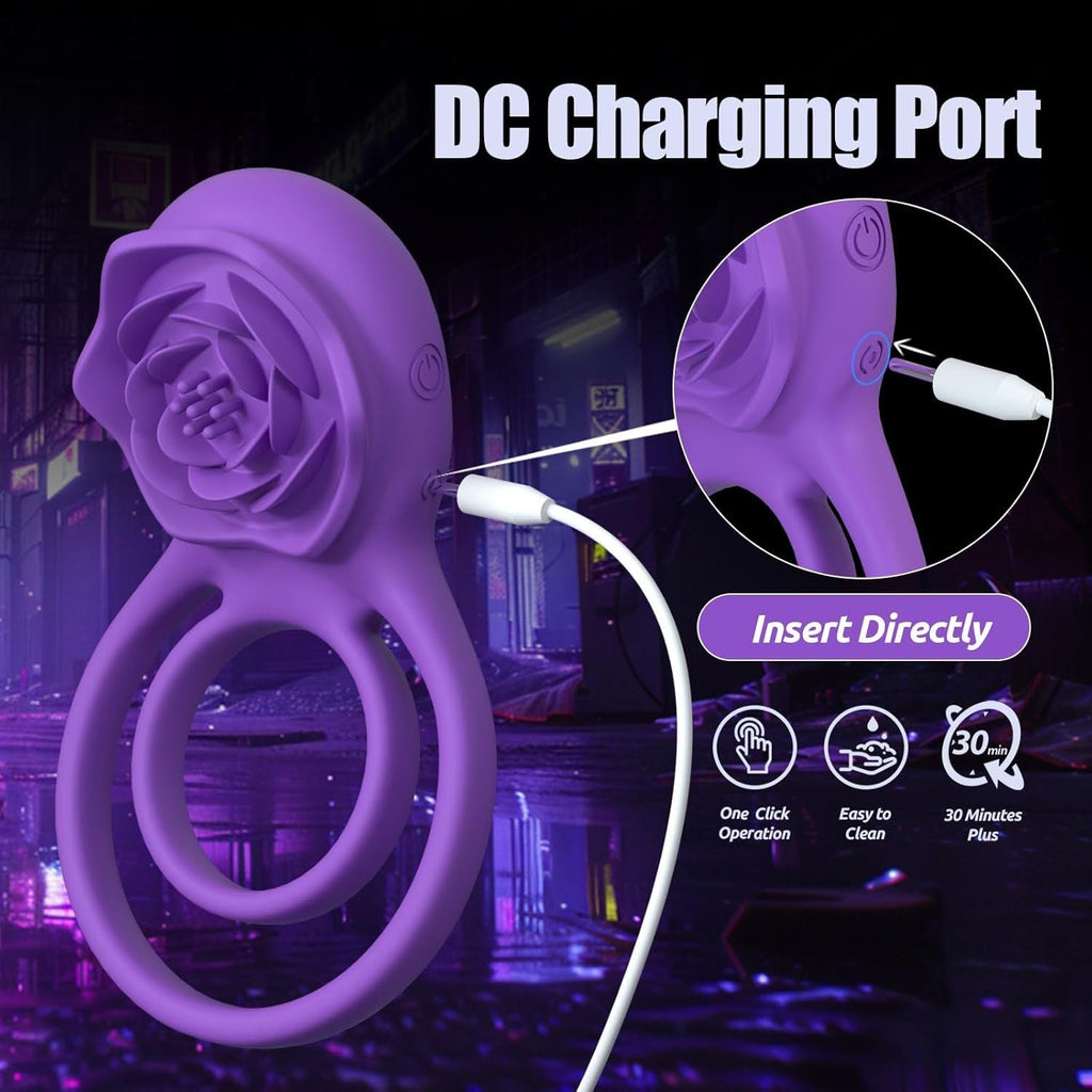 Purple rose vibrator ring with a DC charging port and two circular loops