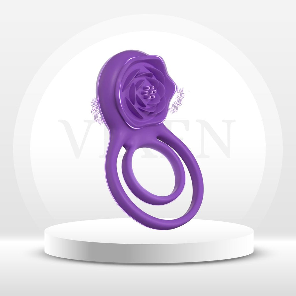 Purple rose-shaped couples ring vibrator with two finger loops and curved handle