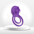 Purple rose-shaped couples ring vibrator with two finger loops and curved handle