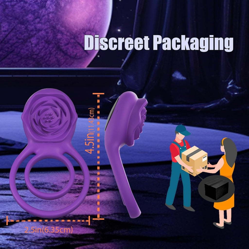 Purple rose couples ring vibrator with two loops, shown next to a package