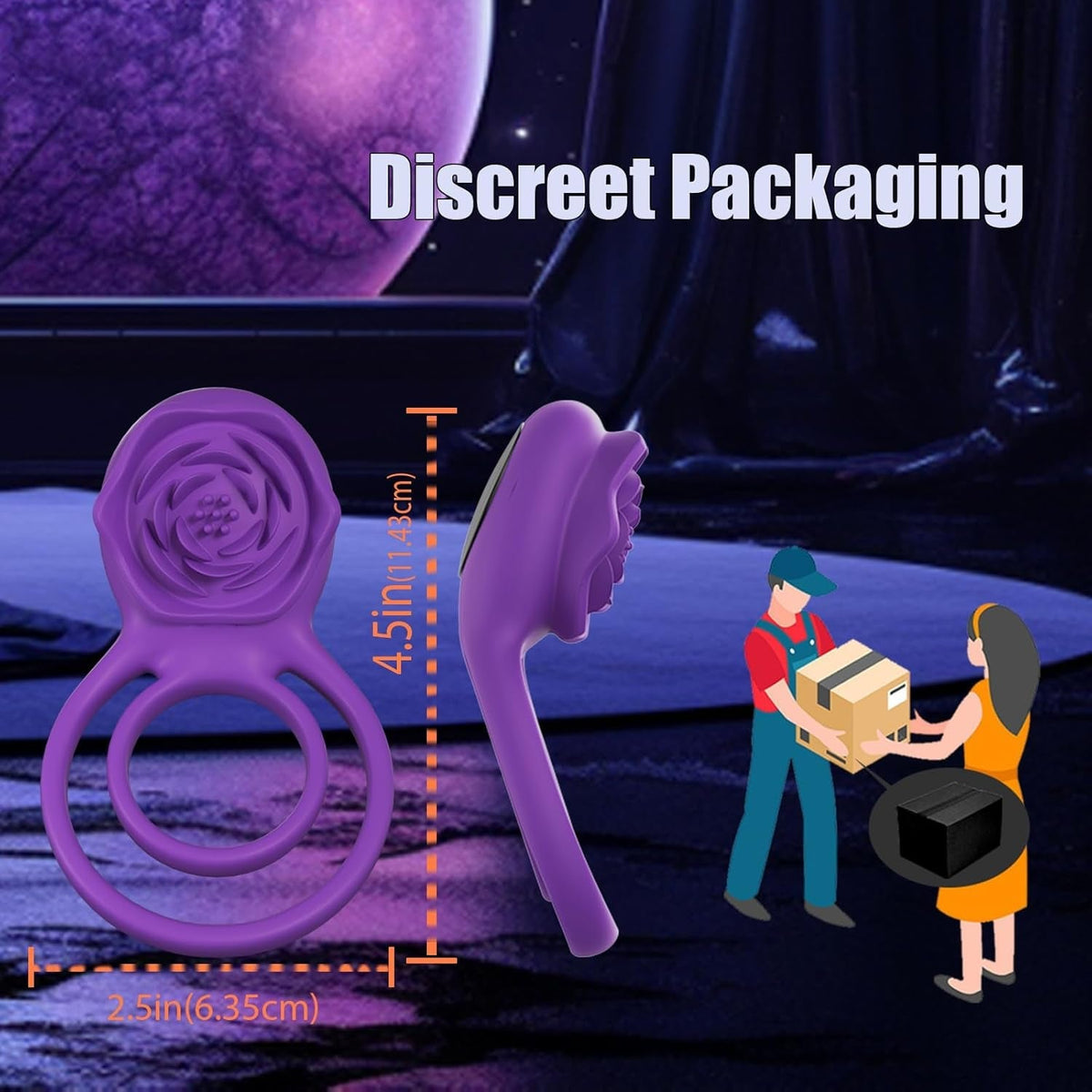 Purple rose couples ring vibrator with two loops, shown next to a package
