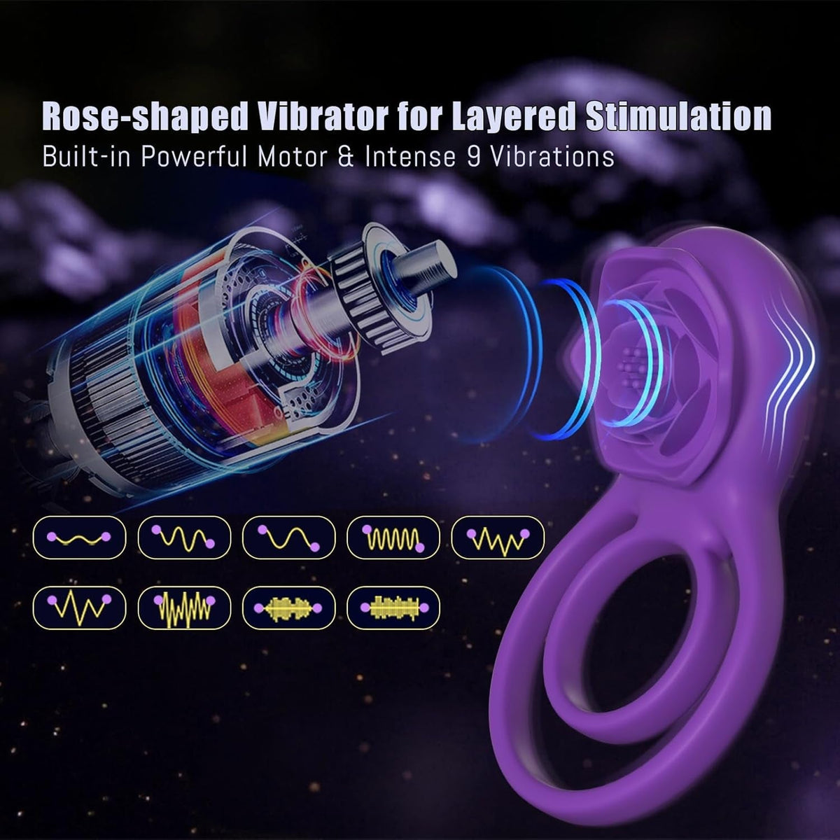 Purple rose-shaped vibrator ring with two loops and visible motor housing