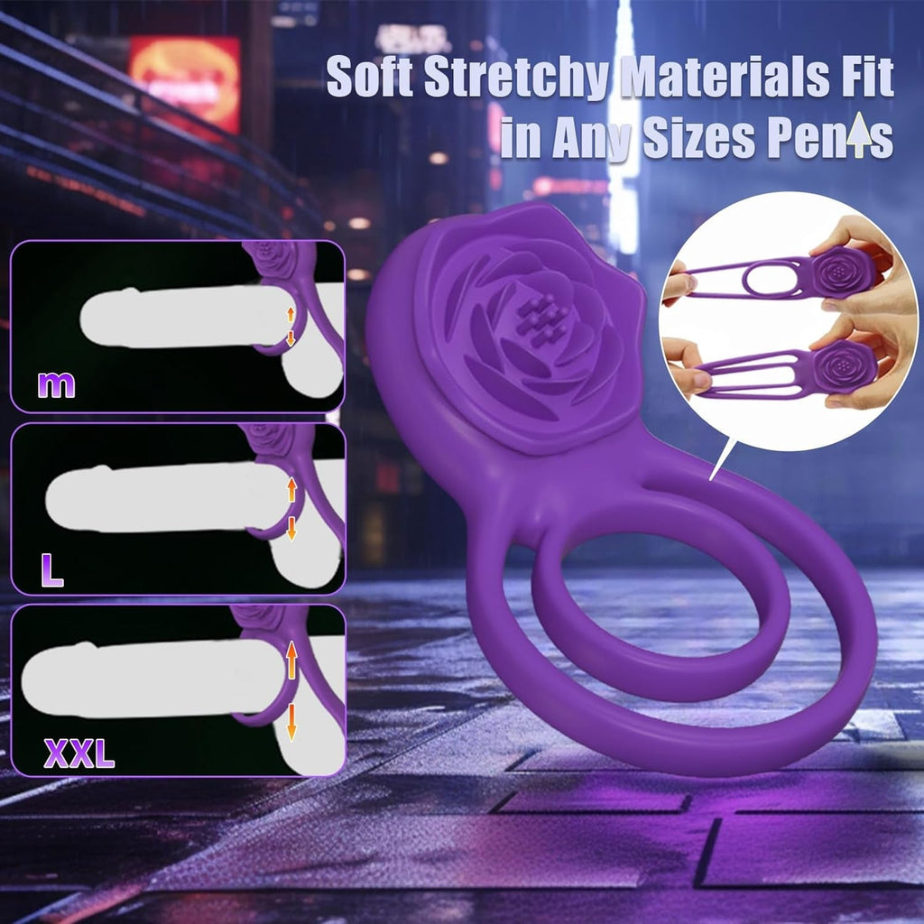 Purple stretchy-fit rose vibrator ring with two loops for different finger sizes