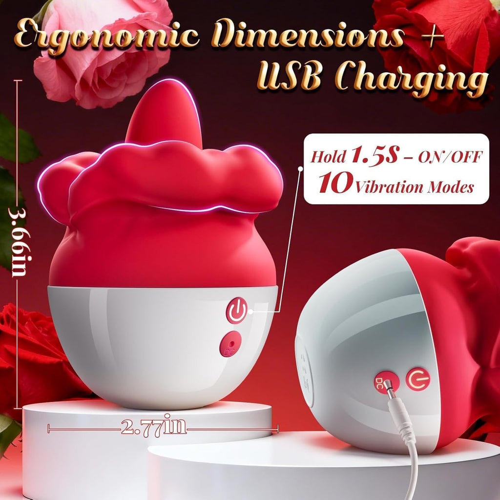 Red and white licking stimulator with rounded head, buttons, and USB charging cable