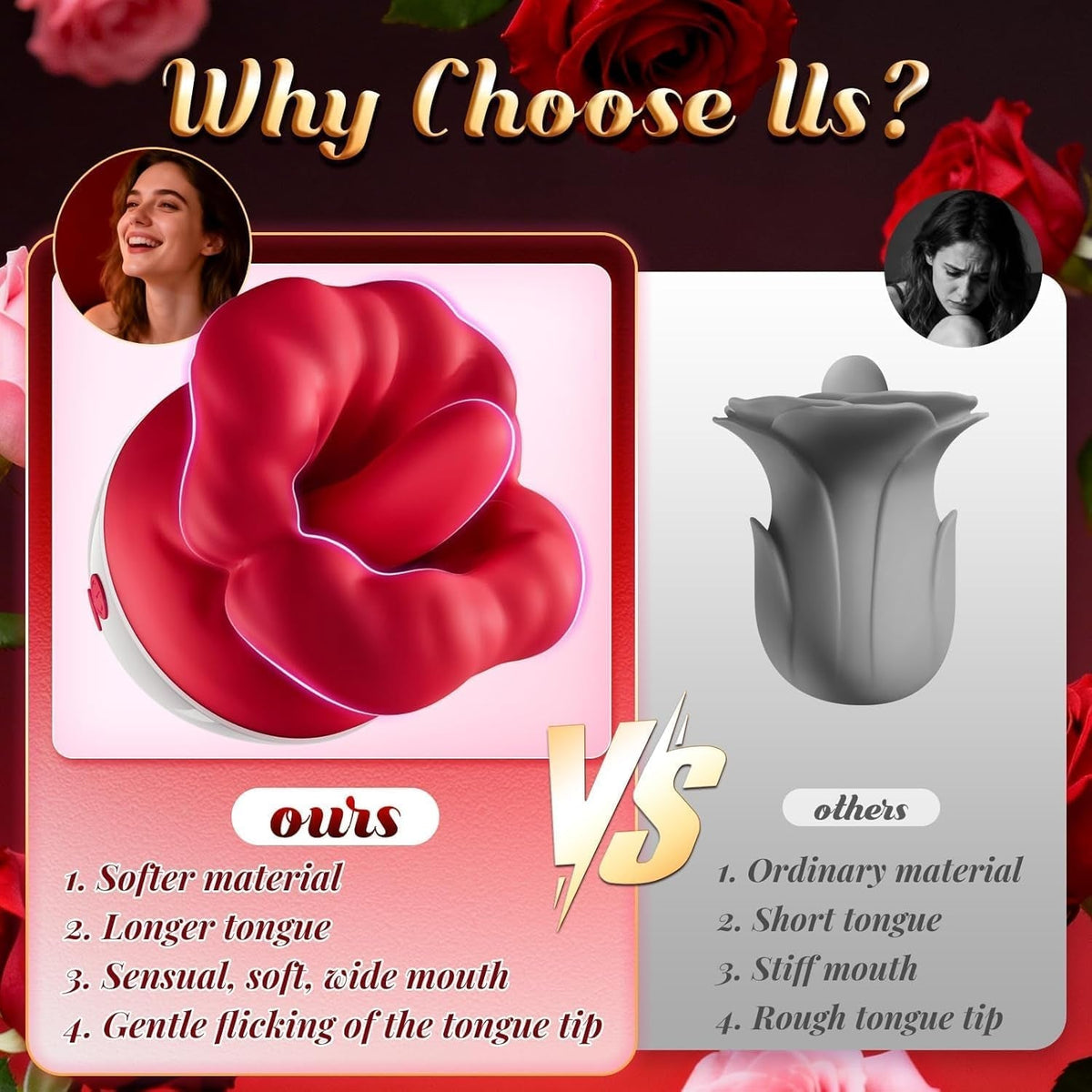 Red silicone licking stimulator with contoured cup shape next to comparison image