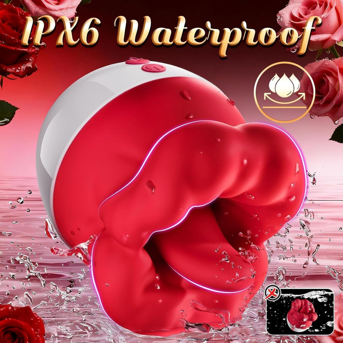Waterproof red silicone licking stimulator with curved head partially submerged in water