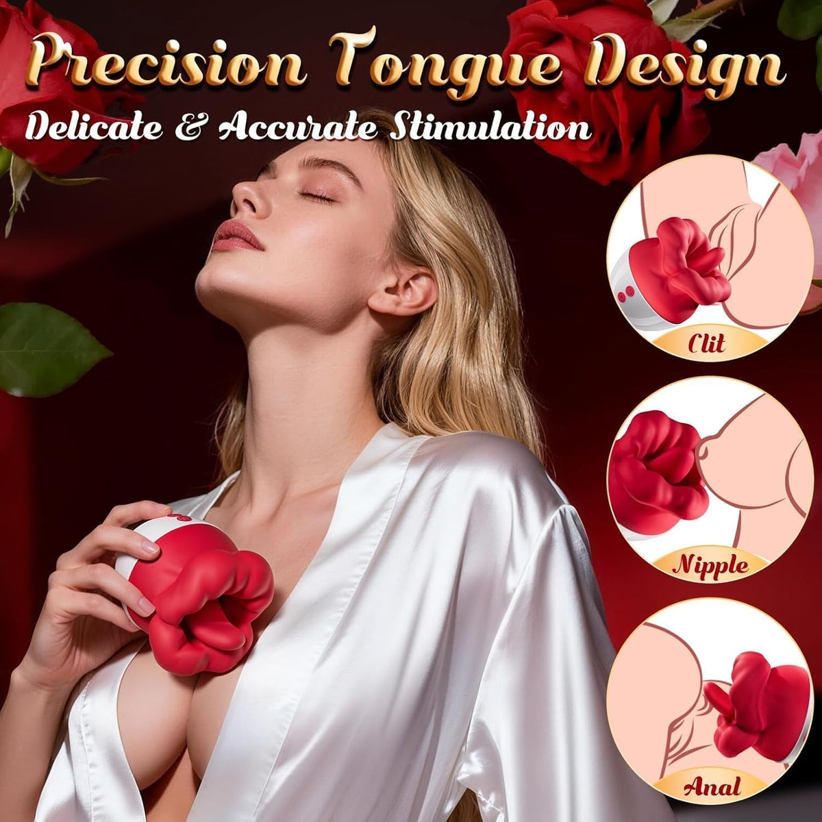 Red silicone licking stimulator with rounded petal-like design and corded controller