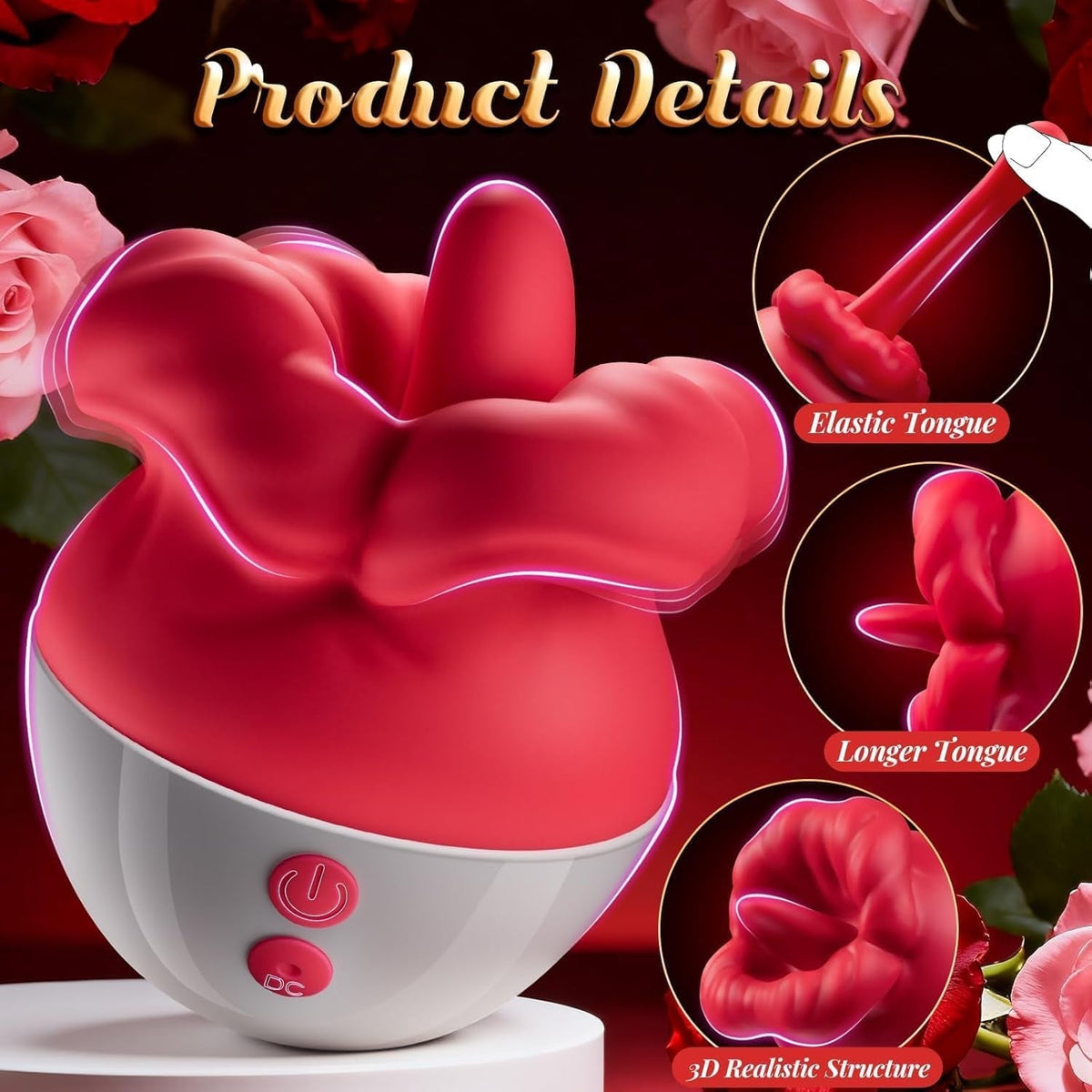 Red silicone licking stimulator on white base showing sculpted tongue and controls