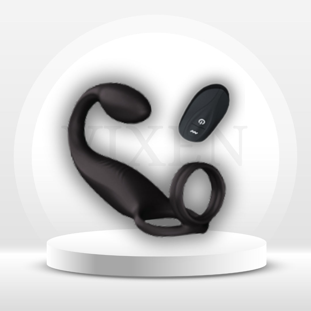 Vibrating couples set with curved vibrator, cock ring, and handheld remote controller