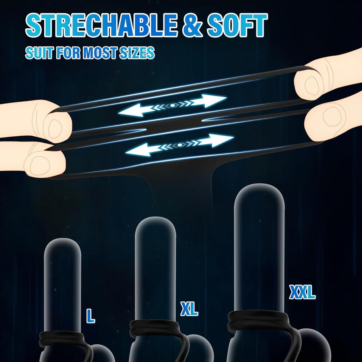 Stretchable, soft vibrating couples set with sizing for L, XL, and XXL, black