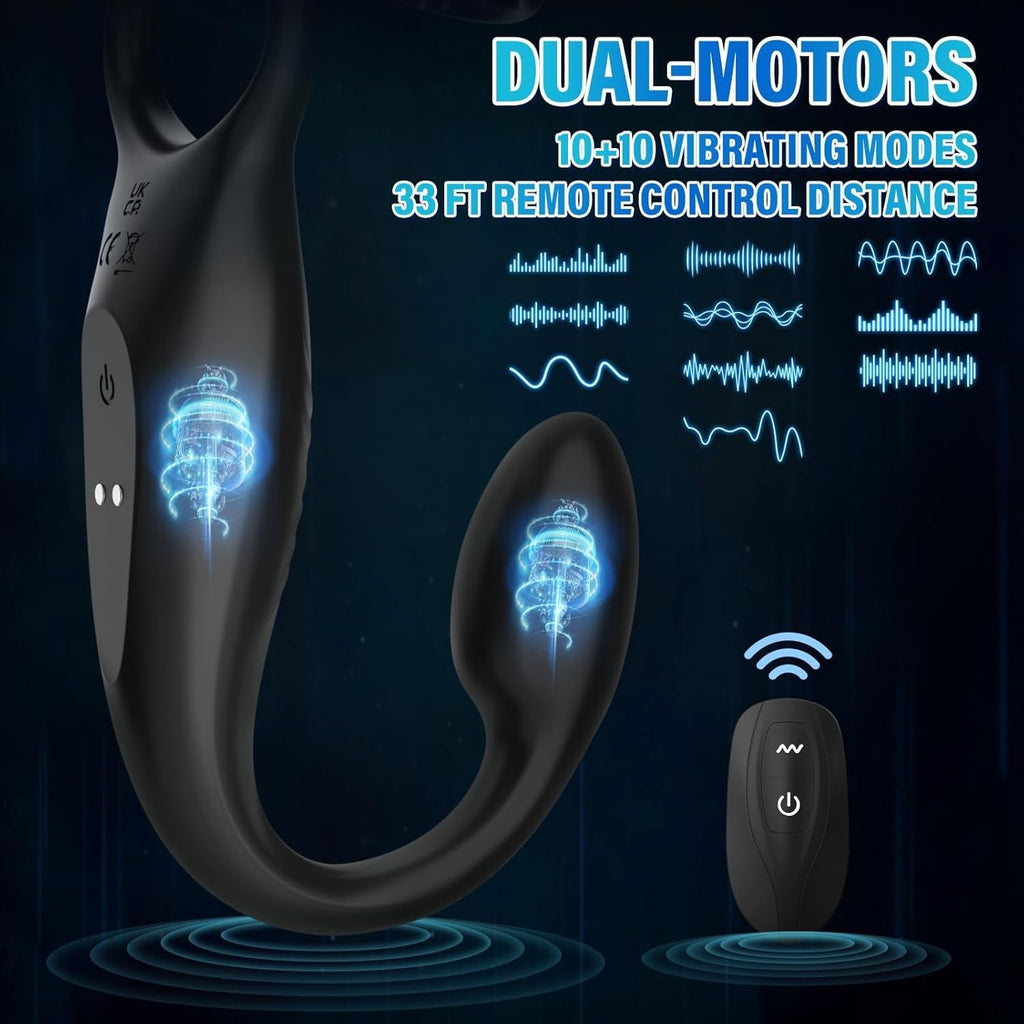 Dual-motor vibrating couples set with curved vibrator and remote controller, black