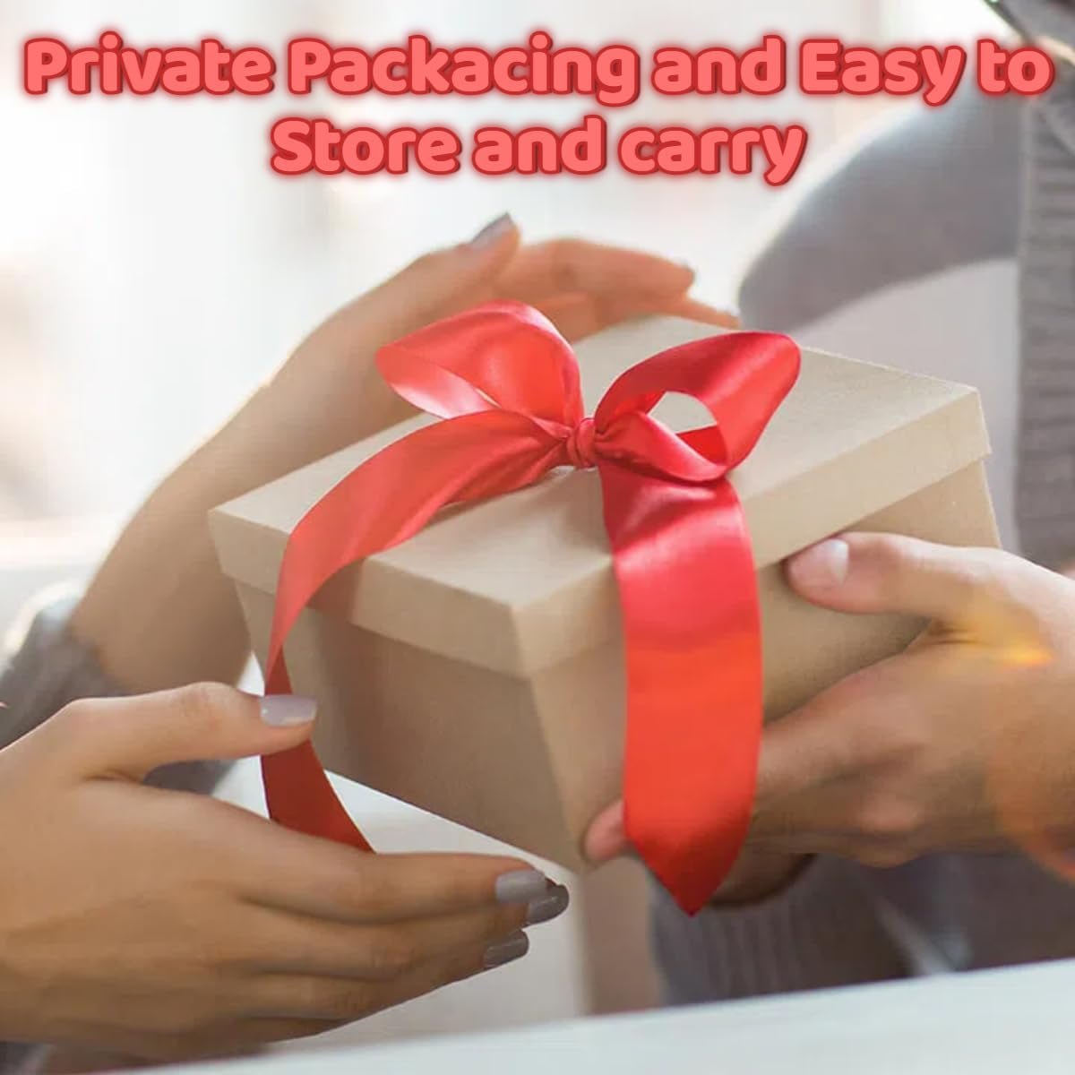 Bondage kit gift box with red satin ribbon in hands
