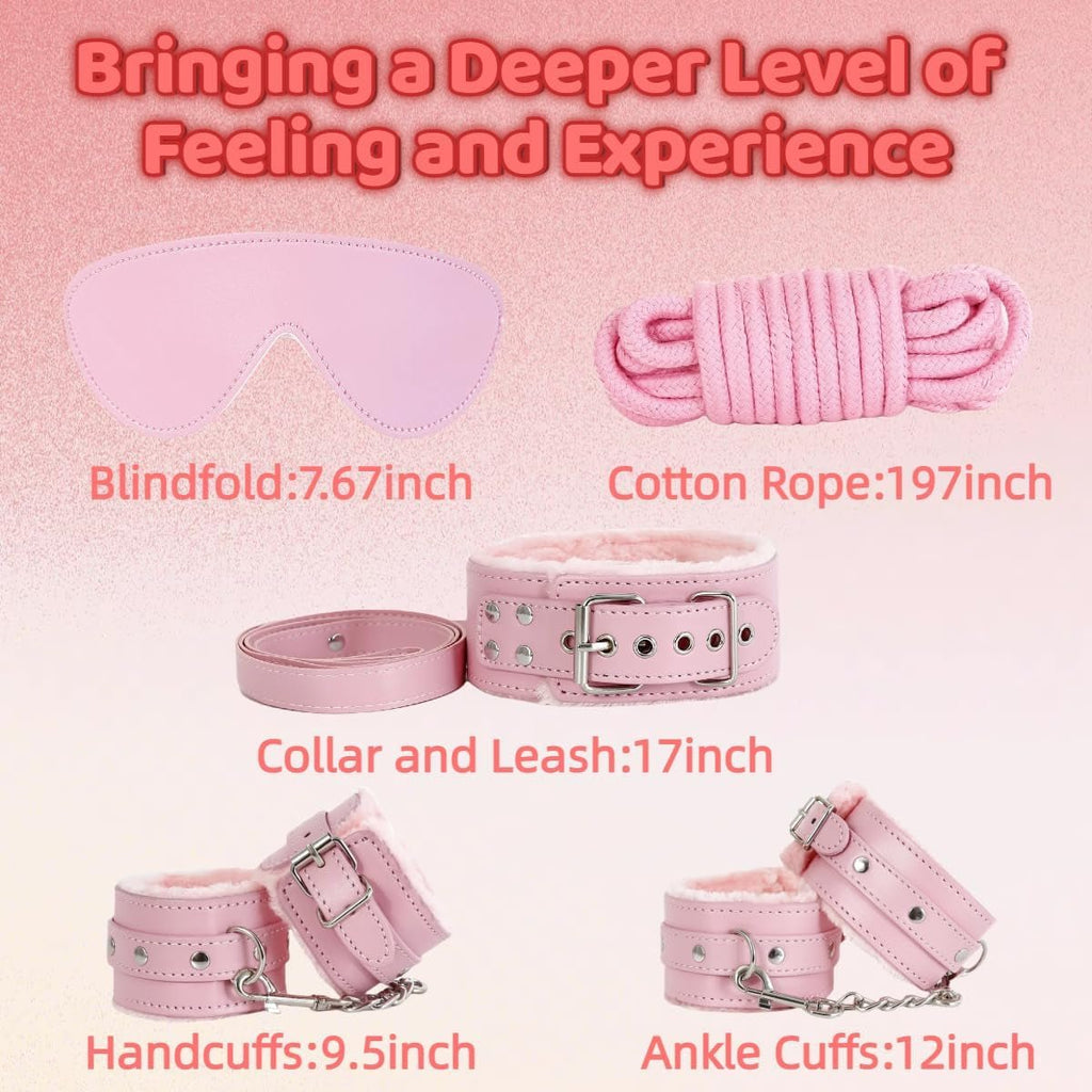 Pink bondage accessory set with blindfold, cotton rope, collar, handcuffs, ankle cuffs