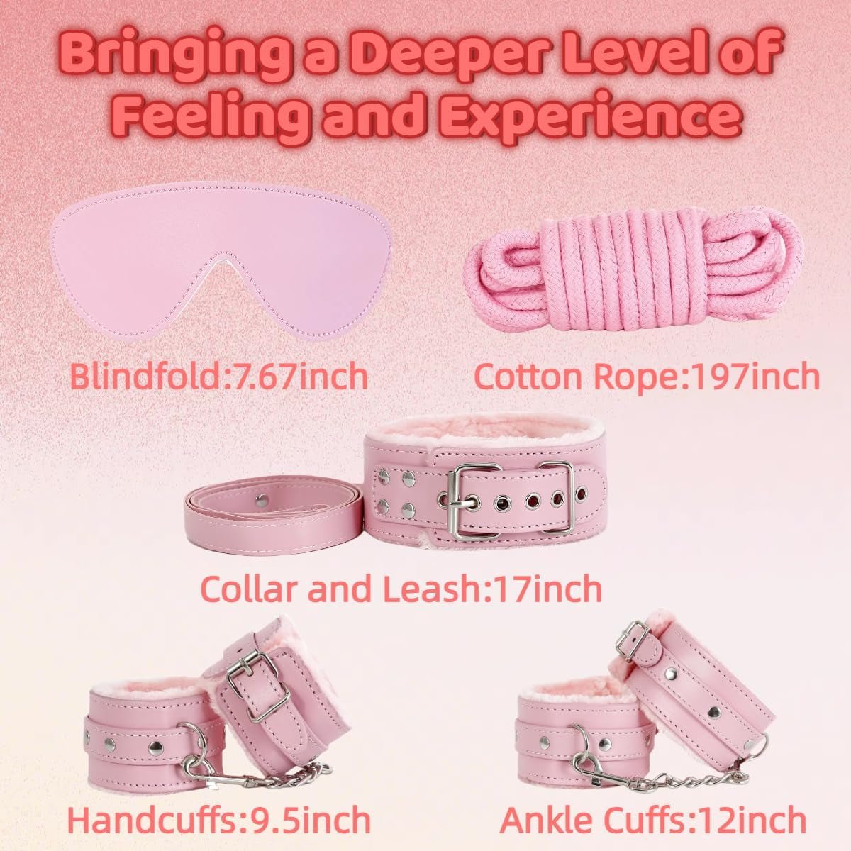 Pink bondage accessory set with blindfold, cotton rope, collar, handcuffs, ankle cuffs