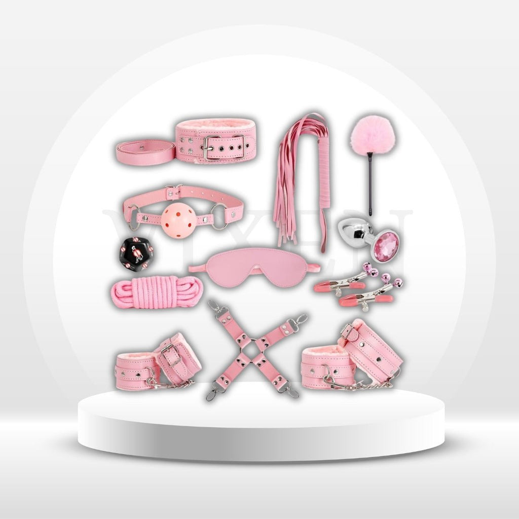 Pink 12-piece bondage restraint set: collar, leash, cuffs, blindfold, rope, clamps