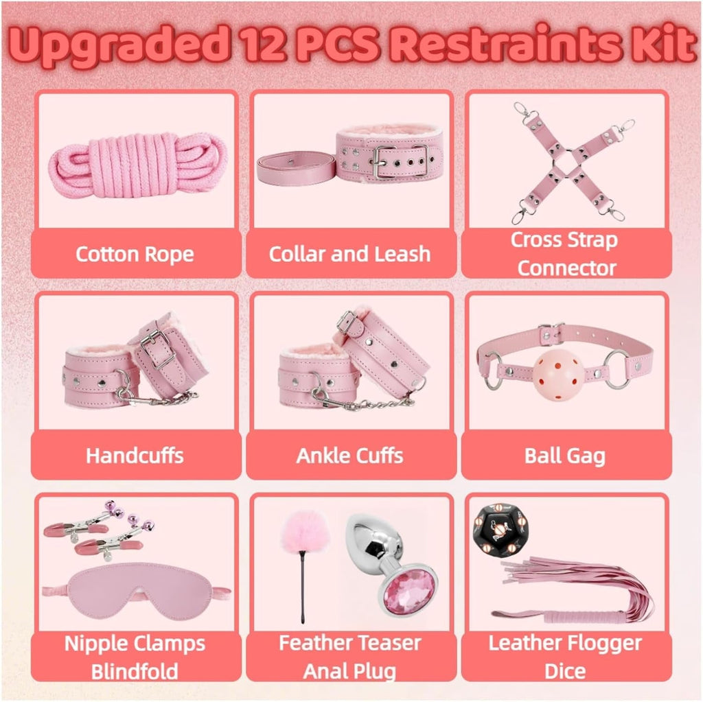 Pink 12-piece restraint kit grid: rope, collar, cuffs, ankle cuffs, gag, clamps