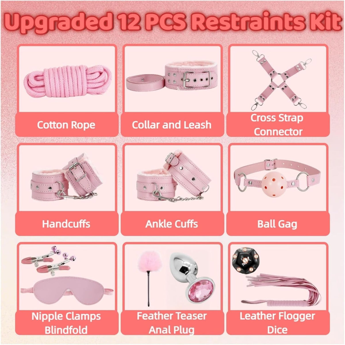 Pink 12-piece restraint kit grid: rope, collar, cuffs, ankle cuffs, gag, clamps