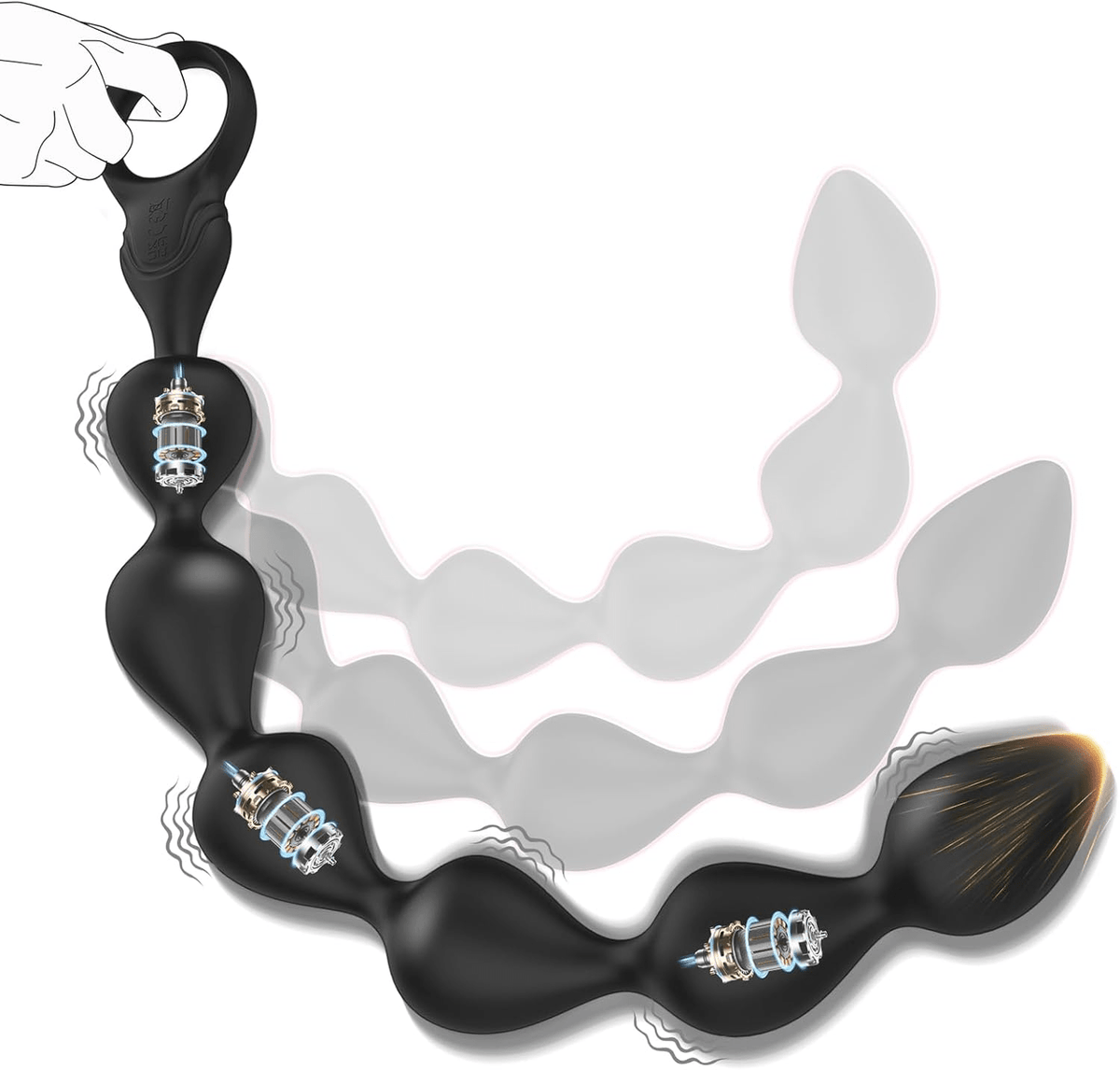 Black vibrating anal beads with arched segmented design and small textured vibration elements.