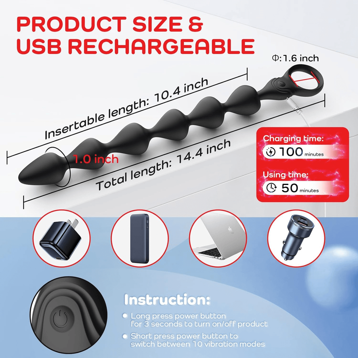 Black vibrating anal beads with flared base and tapered segments; rechargeable USB design.