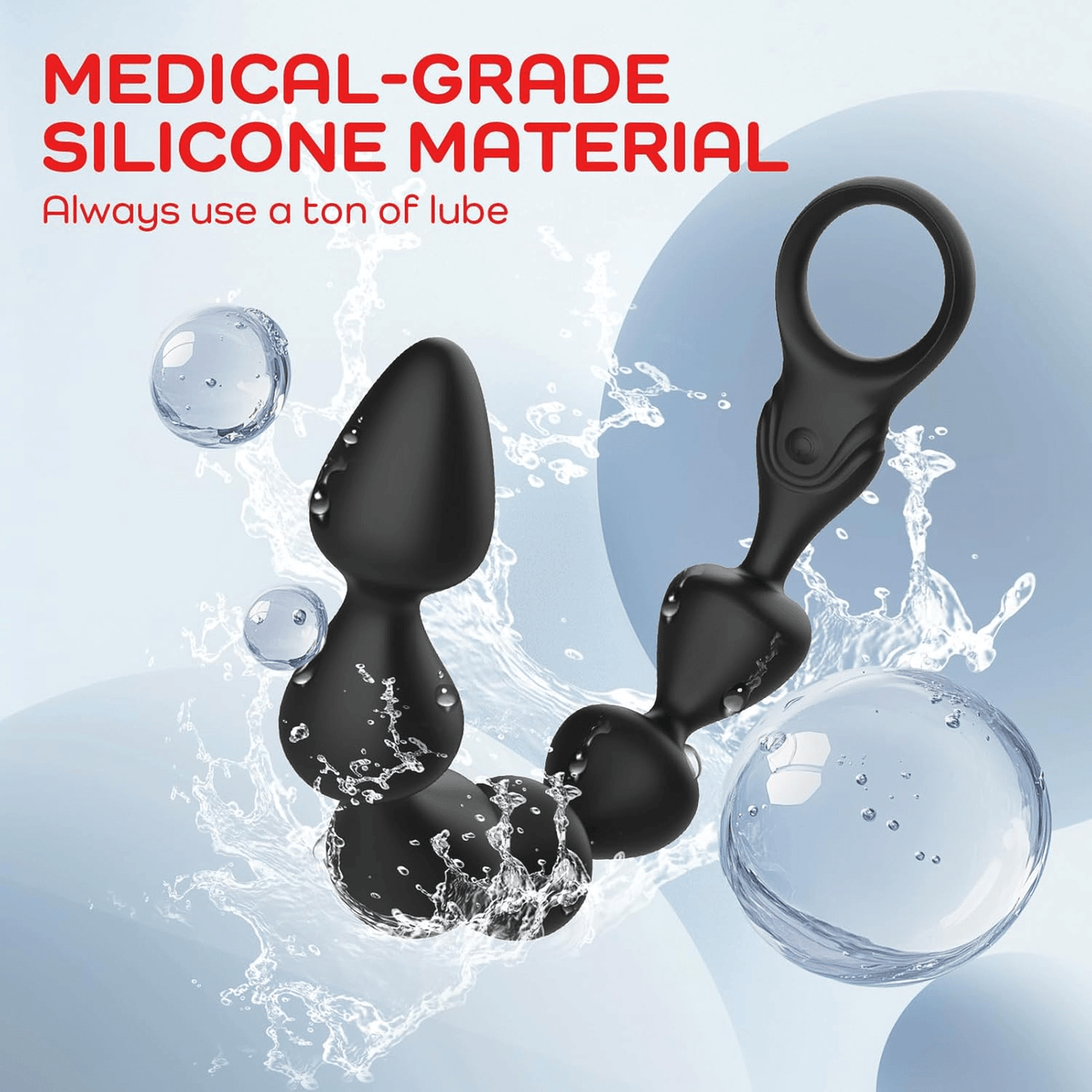 Black vibrating anal beads in medical-grade silicone with looped handle and segmented beads.