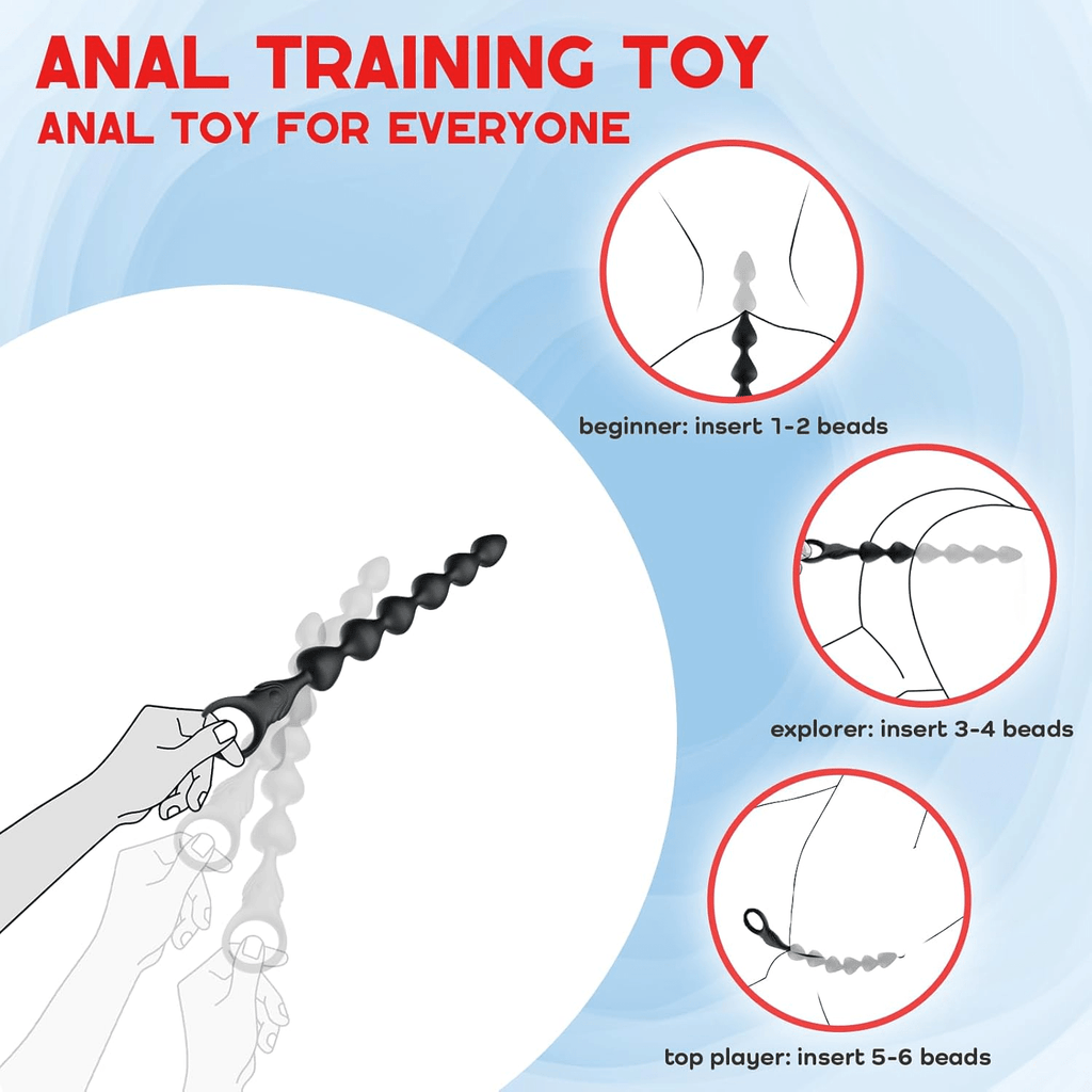 Black anal training beads with segmented shape and looped handle for guided insertion.