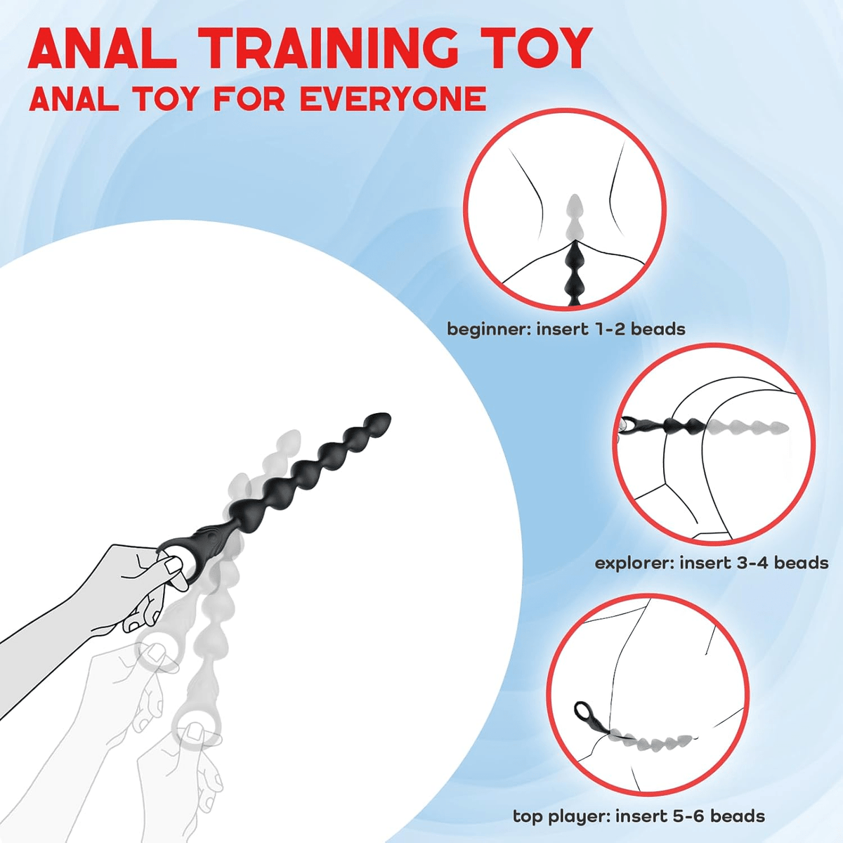 Black anal training beads with segmented shape and looped handle for guided insertion.