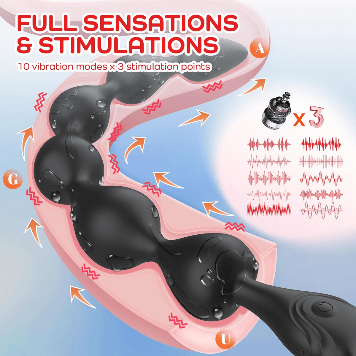 Black vibrating anal beads with segmented design and looped control grip at the end.