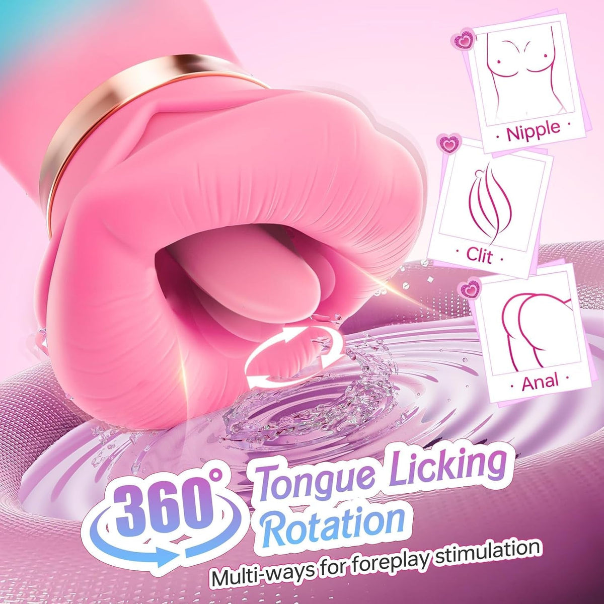 Pink mouth-style suction stimulator with gold rim and molded opening.