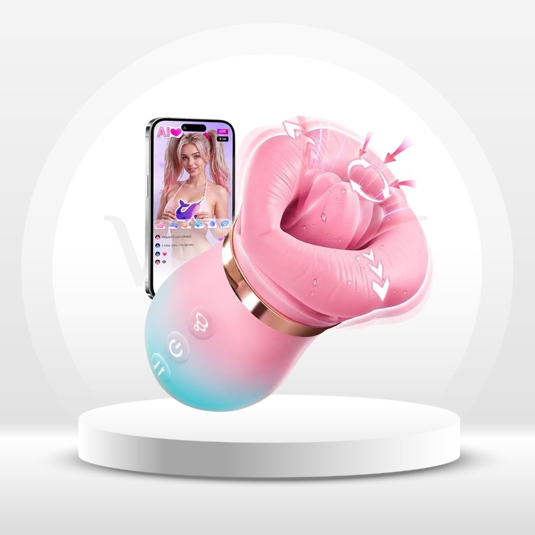 Fantasy pink and teal smart suction stimulator with gold rim and rounded mouth-style head.