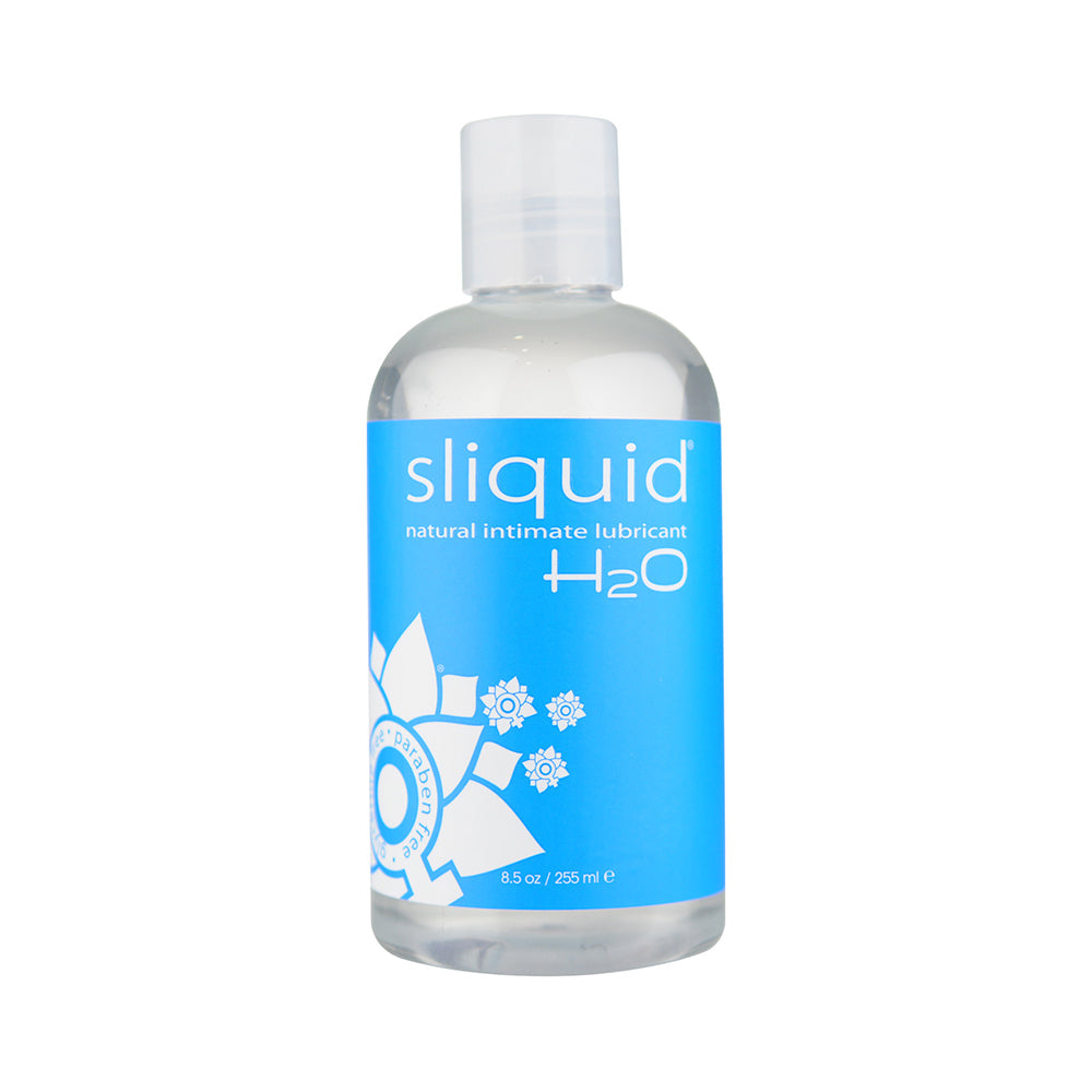 Sliquid H2O intimate lubricant bottle, clear plastic with white cap and blue label