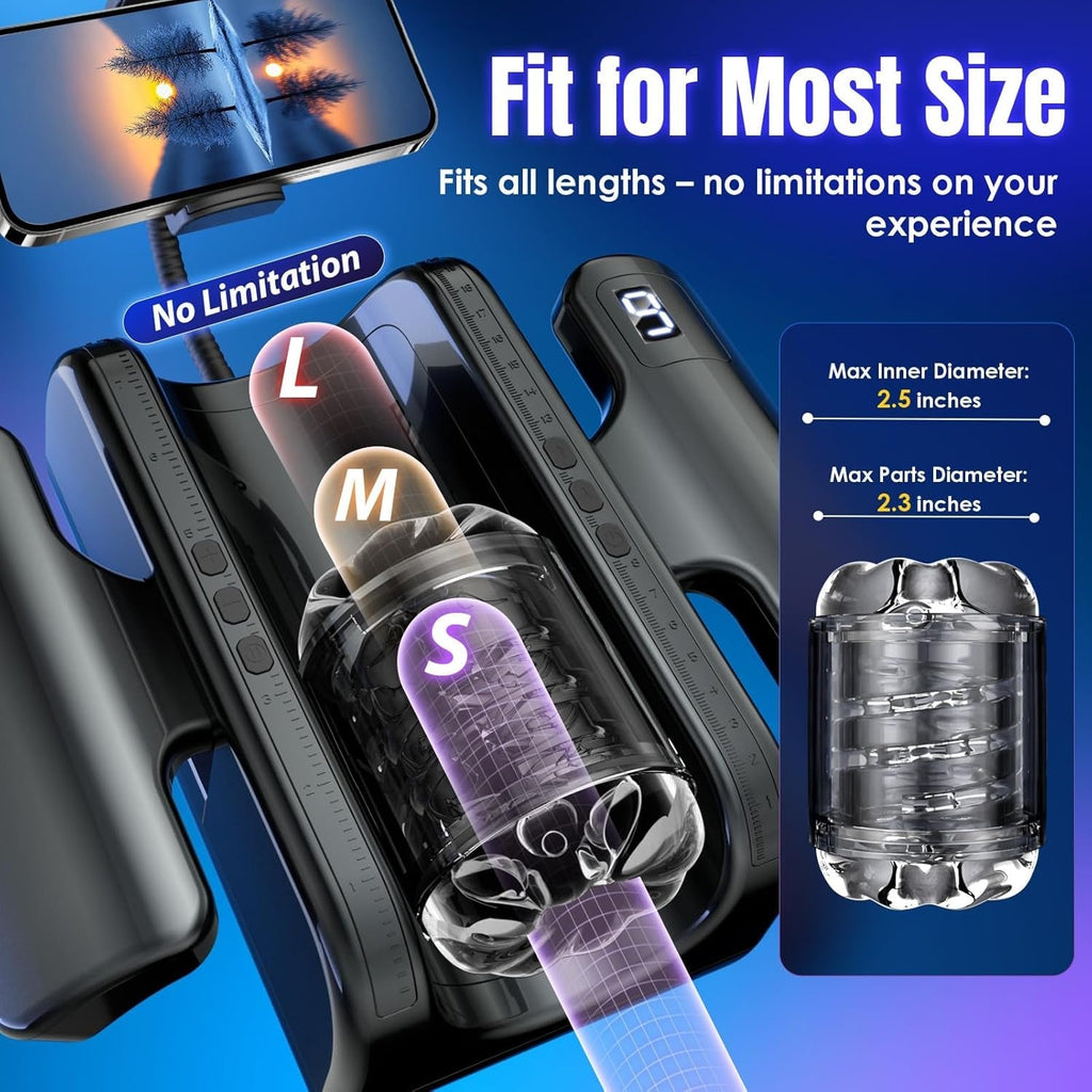 Pure black automatic stroker device showing size compatibility scales and inner tube