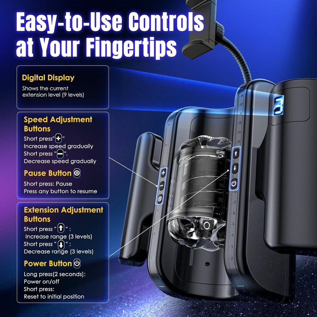 Pure black automatic stroker device with fingertip controls and side buttons
