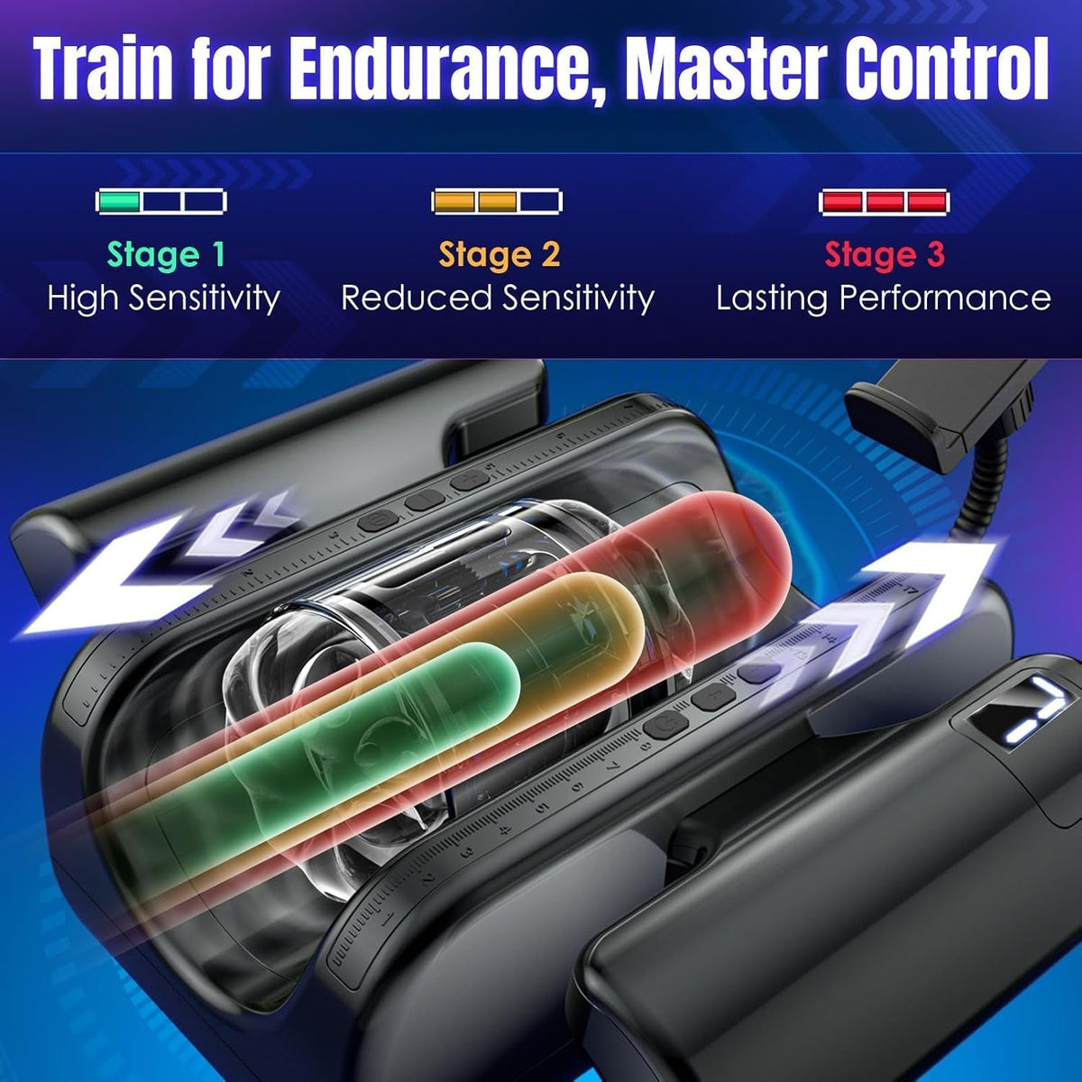 Pure black automatic stroker device with control panel and glowing inner drive tube