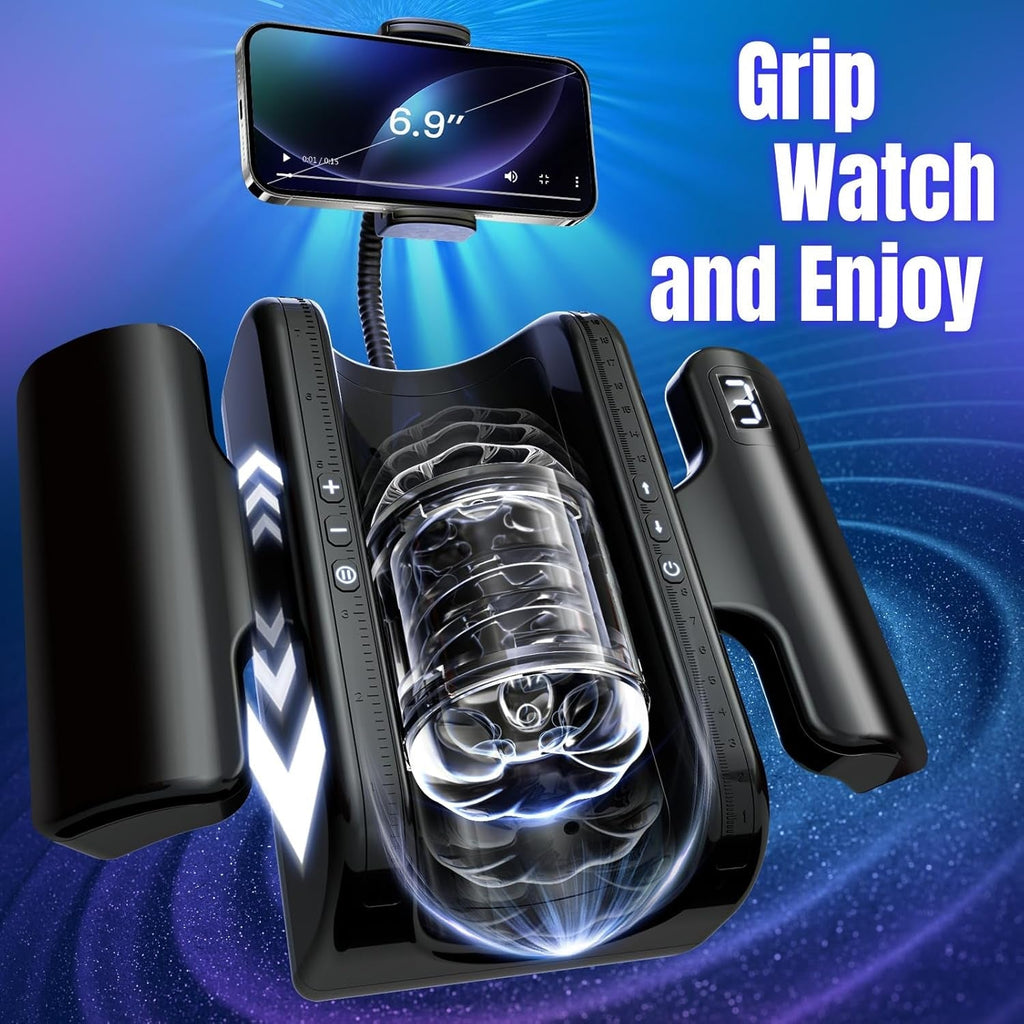 Pure black automatic stroker device with finger grip arms and illuminated screen