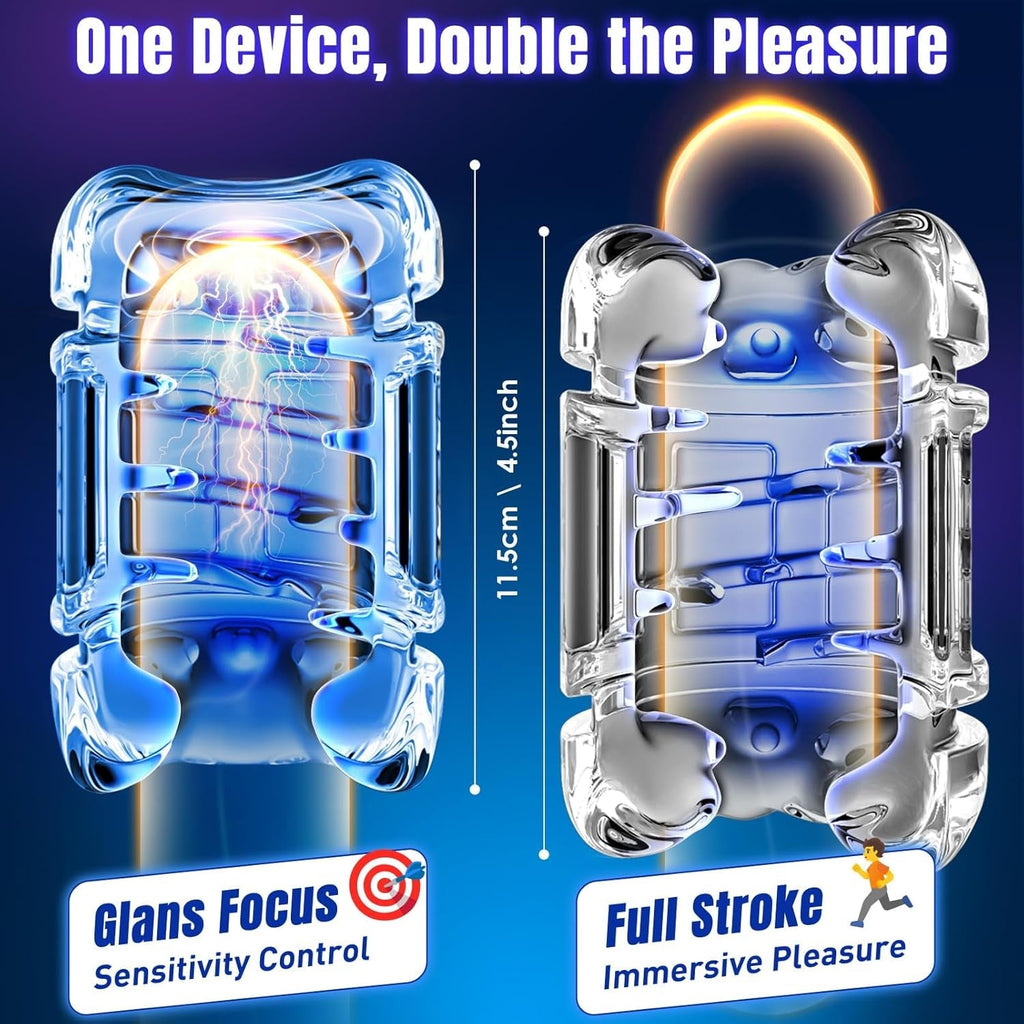Pure black automatic stroker device with clear internal sleeve and multi-zone view