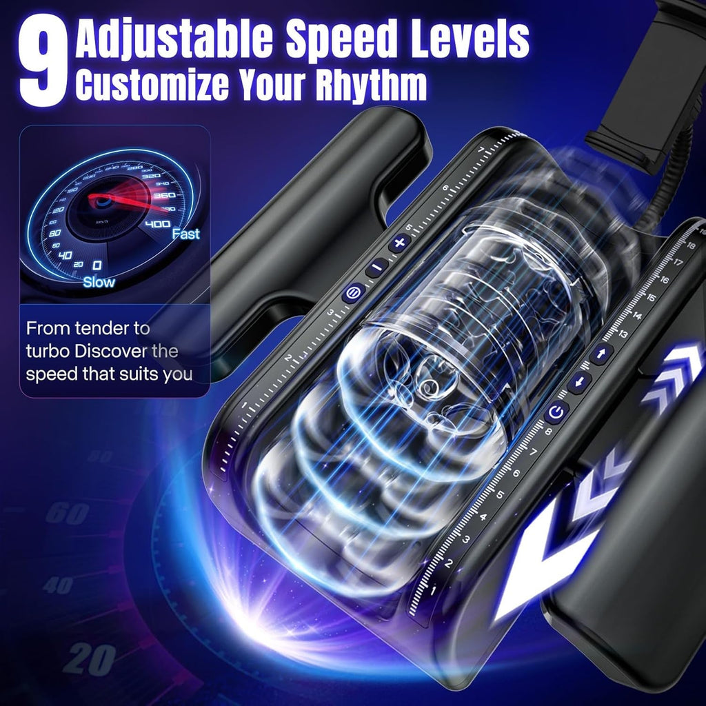 Pure black automatic stroker device with adjustable speed controls and spinning core