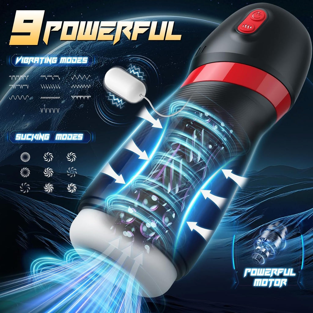 Black and red suction stroker with textured grip and white suction cup, angled view