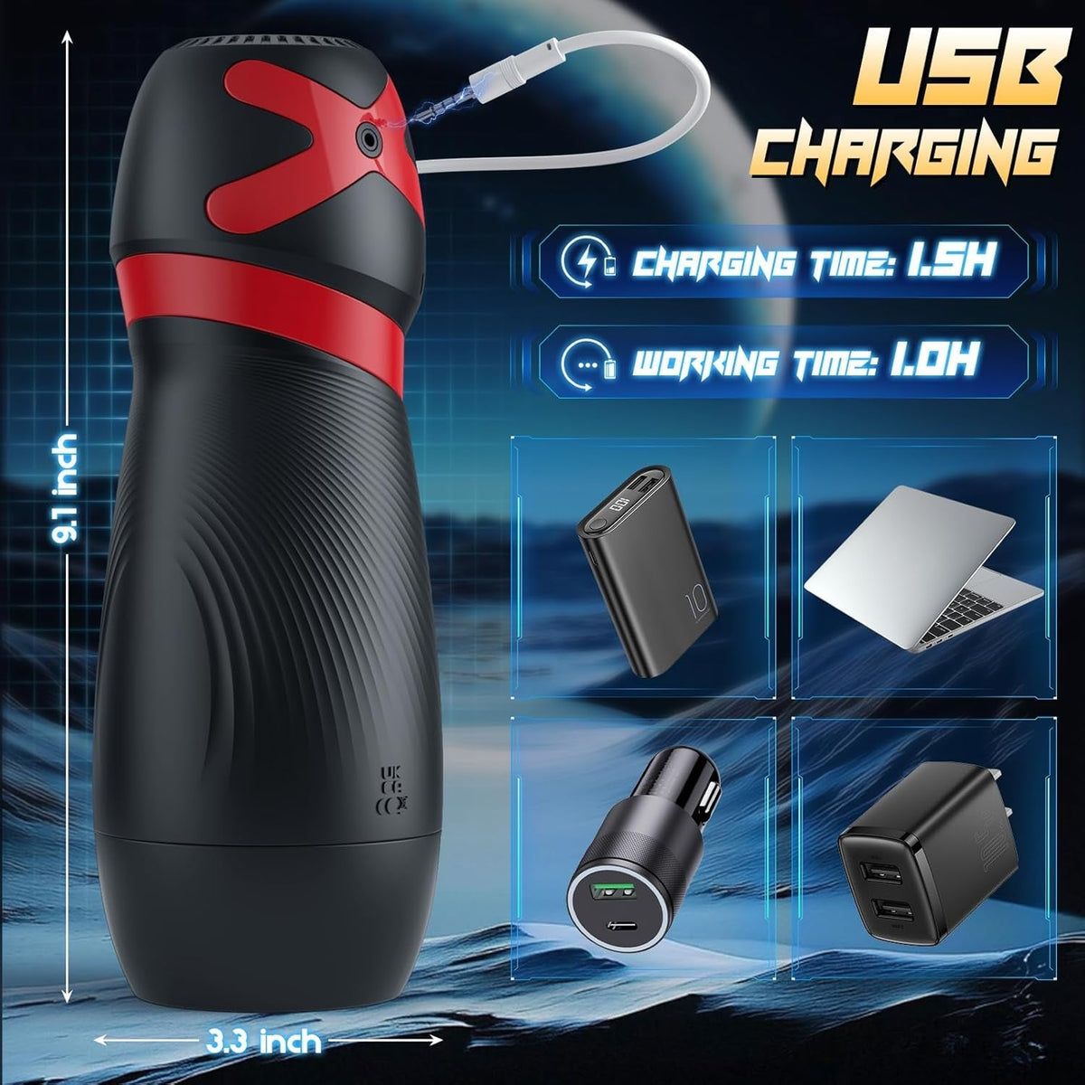 Black suction stroker with red accents, shown with USB charging cable and white suction cup end