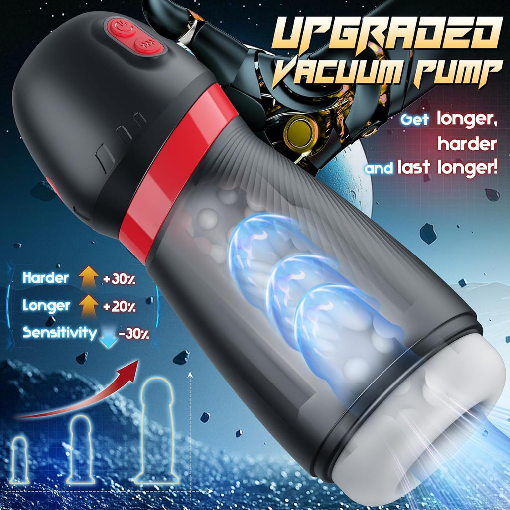 Black suction stroker with red ring, white suction cup end, blue glowing internal detail