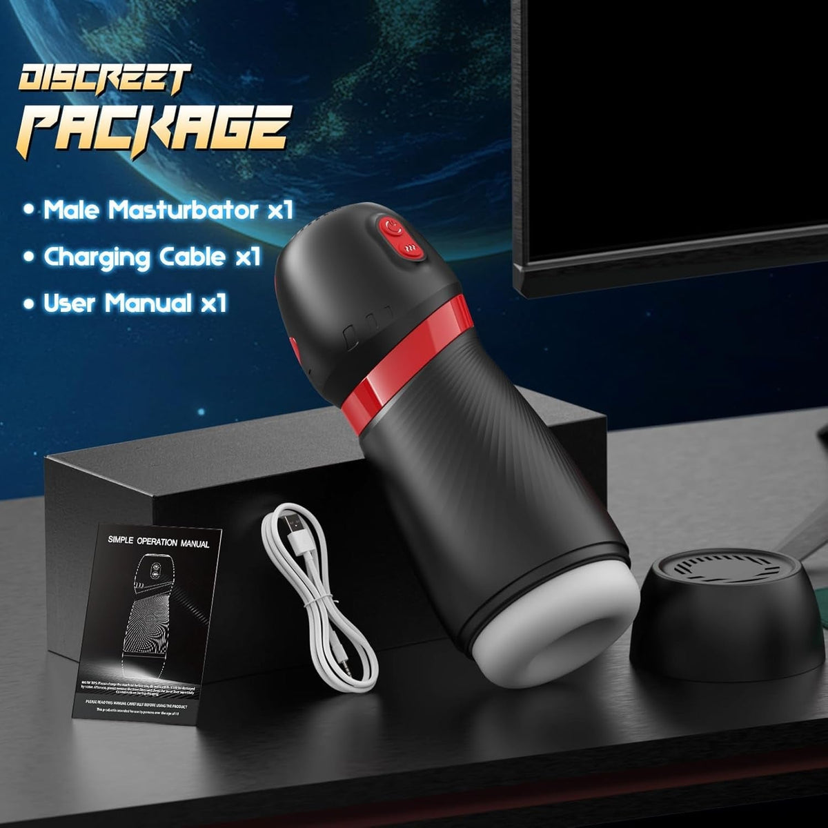 Black suction stroker with red ring, shown on package with charging cable and user manual