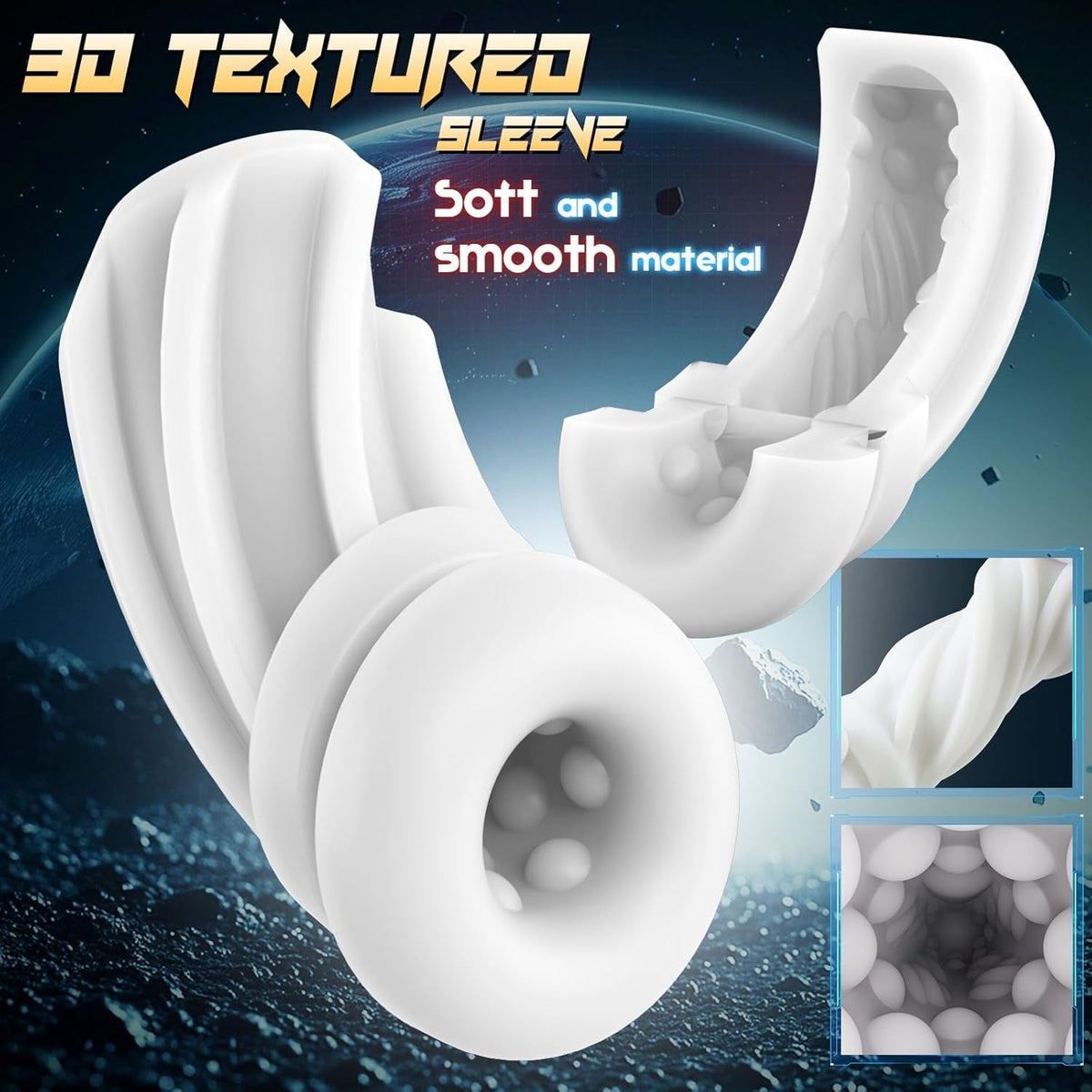White suction stroker with soft-textured sleeve and detailed suction tip, angled view