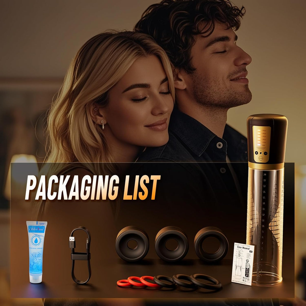 Gold electric pump with packaging list, accessories, and nozzle sleeves