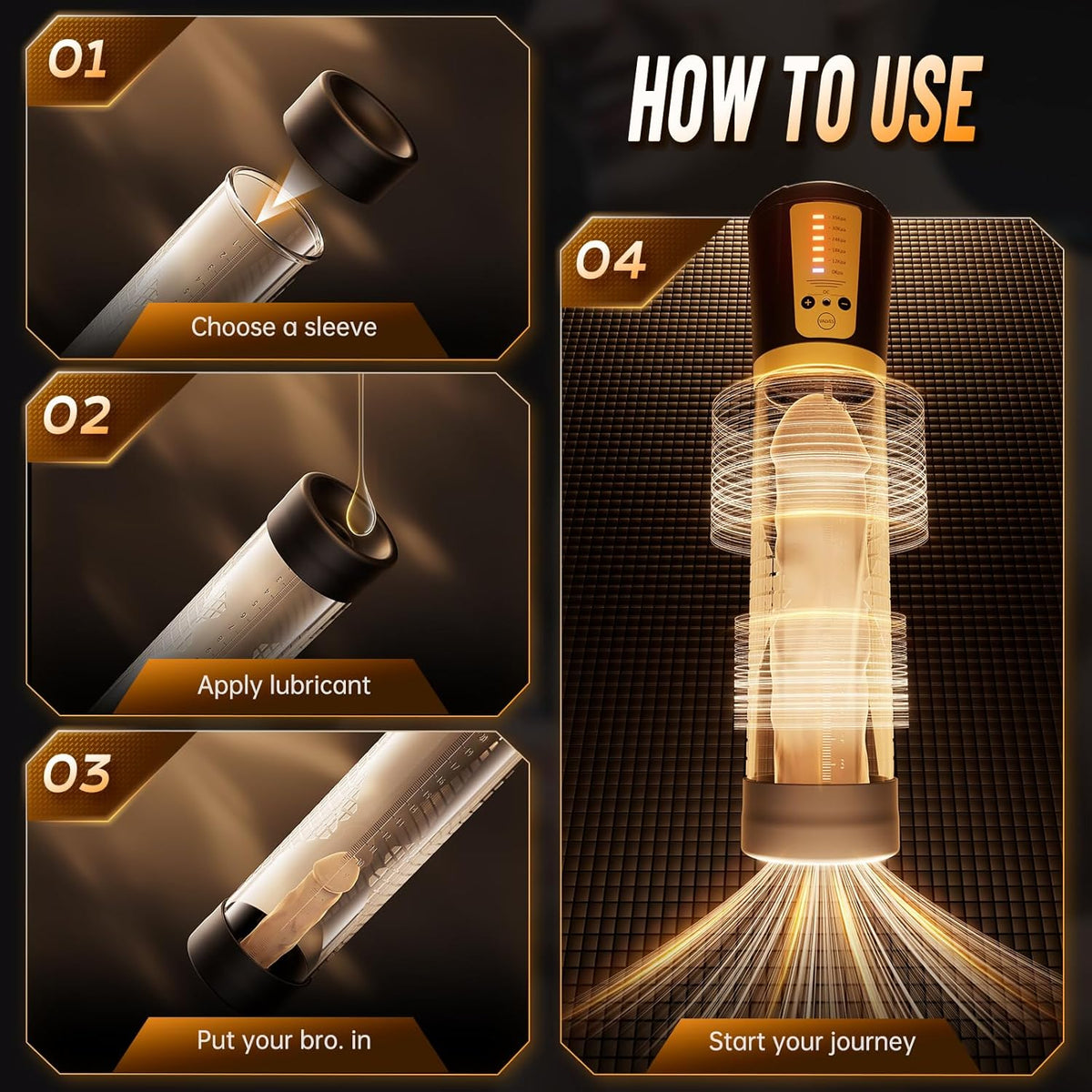 Gold electric pump with clear sleeve attachment and operation guide