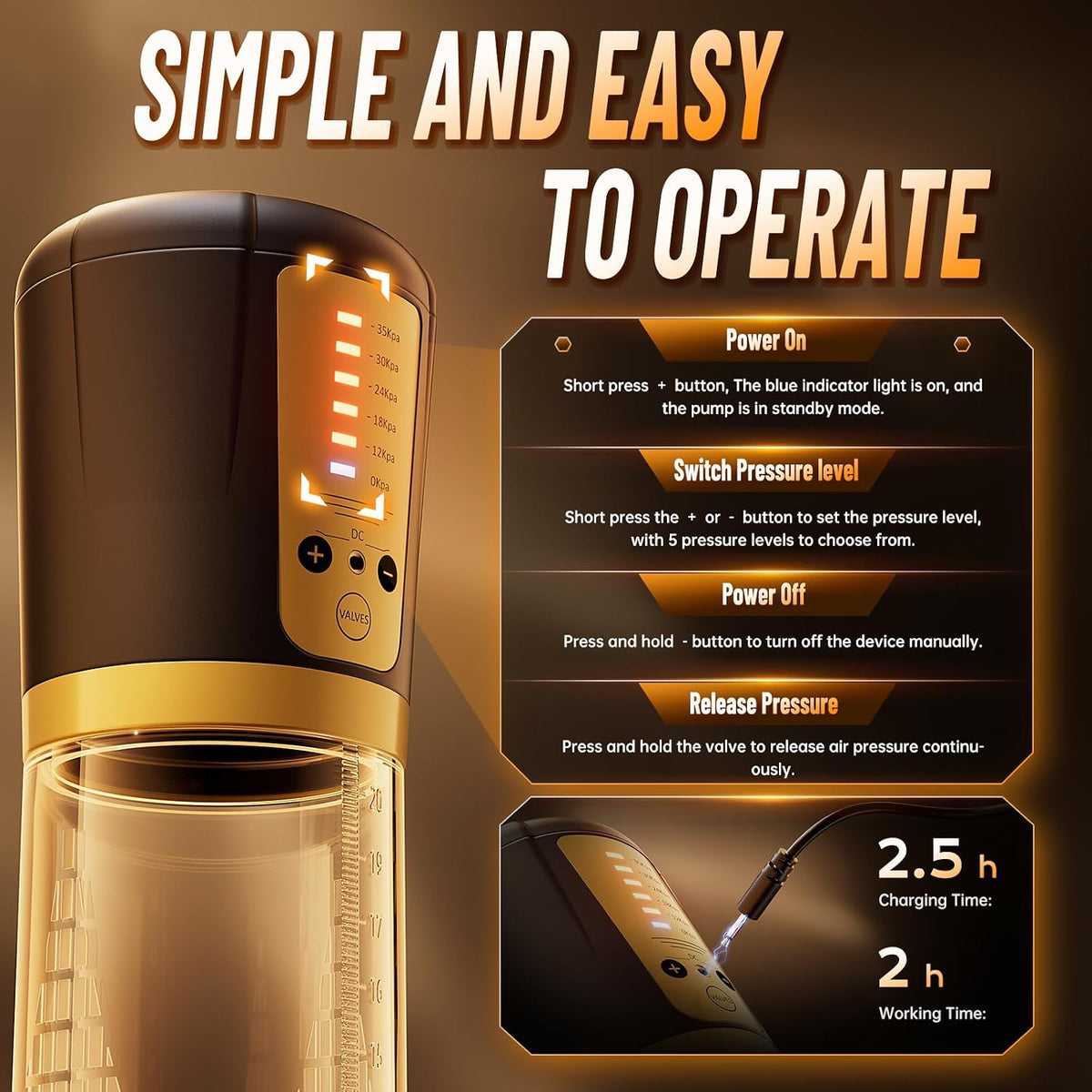Gold electric pump with control panel and illuminated indicator lights