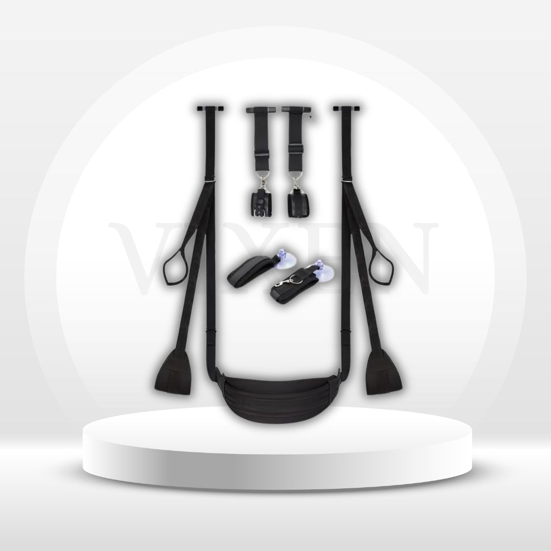 Black door swing and restraint set with straps and padded seat attachment hardware
