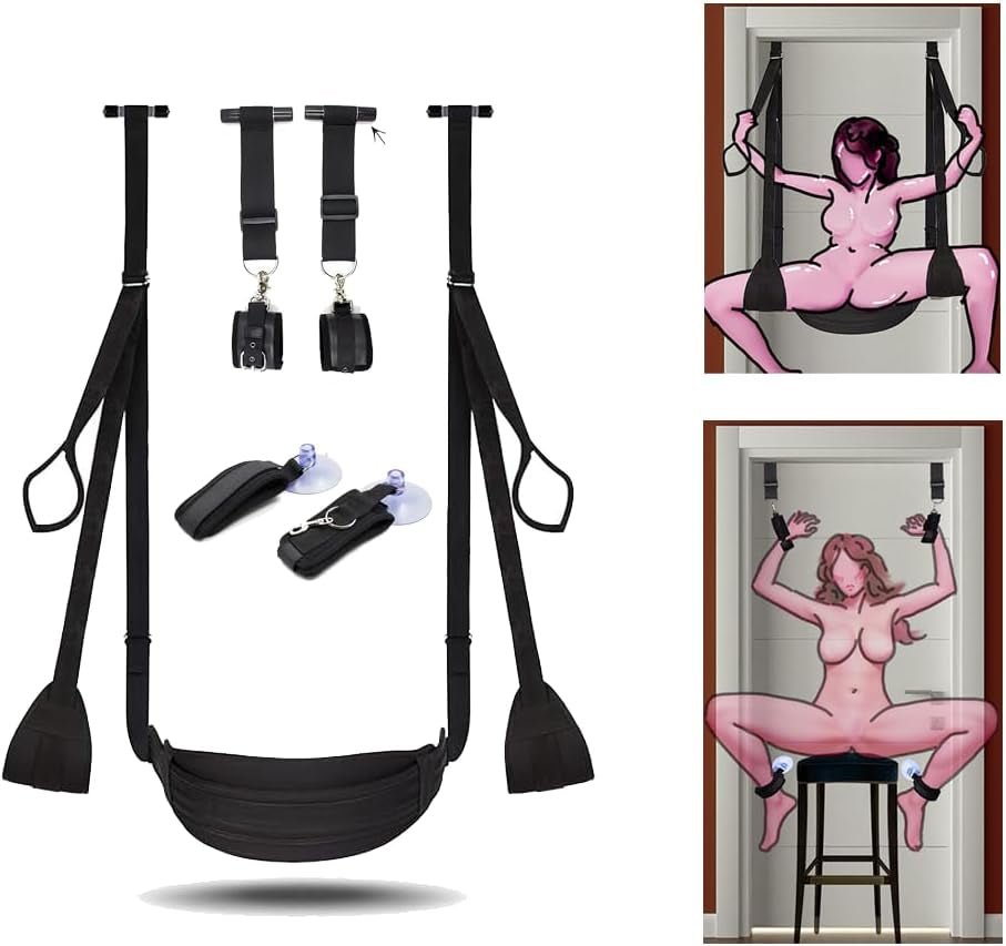 Black door restraint set with long straps, padded seat, and two hanging buckled cuffs