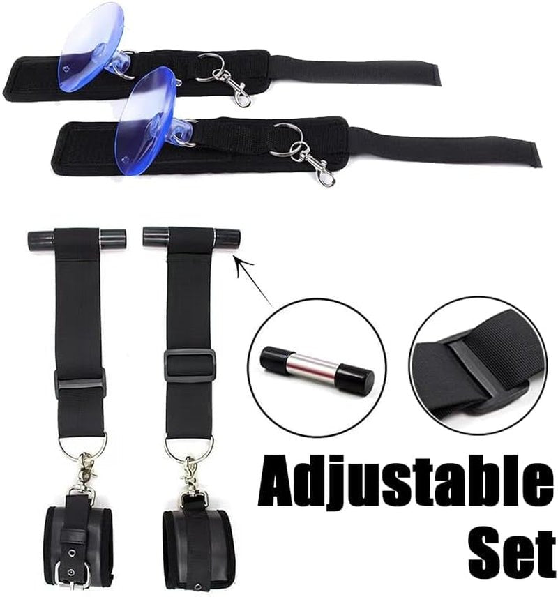Black adjustable door restraint set with metal rings, buckles, and blue cuff attachments